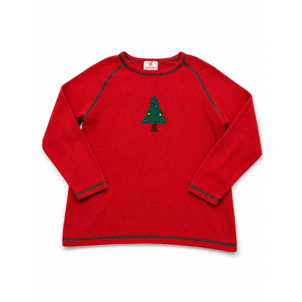 Vintage Quacker Factory Red Christmas Tree Knit Sweater‎ Pom Pom Raglan Womens L